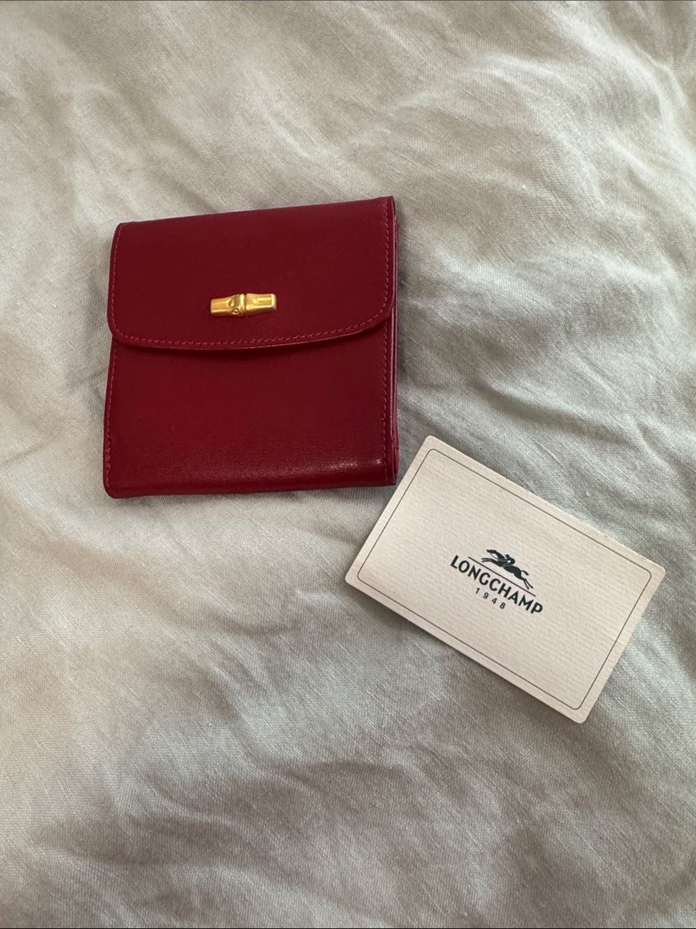 Longchamp Red Leather Compact Wallet with Gold Hardware